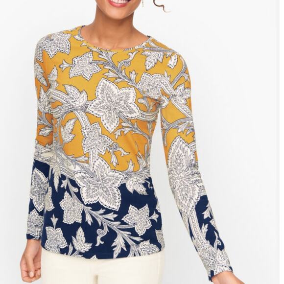 The Talbots Tee Womens Size 2X Mustard Navy Paisley Floral Colorblock Knit Top - Picture 1 of 8